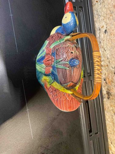 Colorful Ceramic Parrot-Form Teapot with Woven Rattan Handle