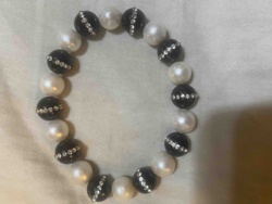 Black and White Beaded Bracelet with Rhinestone Accents