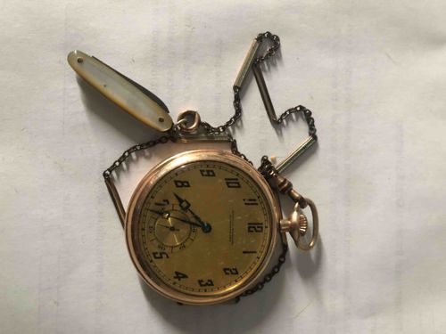 Vintage Gold-Toned Pocket Watch with Fob Chain and Mother-of-Pearl Knife