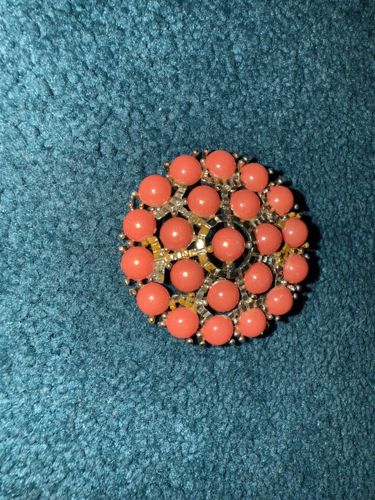 Coral Bead and Rhinestone Brooch