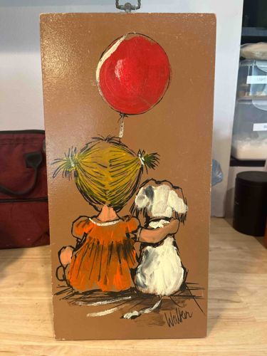 Girl and Dog with Balloon Painting on Wood Panel