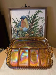 Carnival Glass divided serving tray with fruit and berry motifs