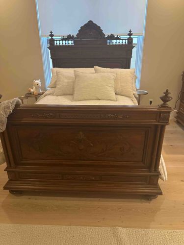 Antique Carved Wooden Bed with Headboard and Footboard