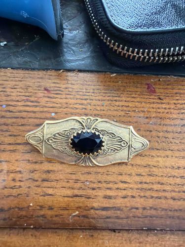Vintage Victorian-Style Oval Bar Brooch with Black Spinel or Onyx Glass