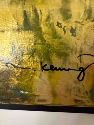 Signed Abstract Art with Gold and Green Tones