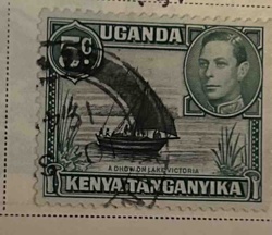 Kenya, Uganda, Tanganyika 5 Cents Stamp featuring King George VI and a Dhow on Lake Victoria