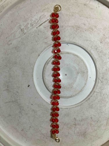 Red Beaded and Gold-Tone Wire Wrapped Bracelet