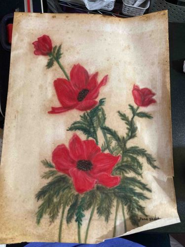 Red Anemone Floral Painting on Distressed Paper
