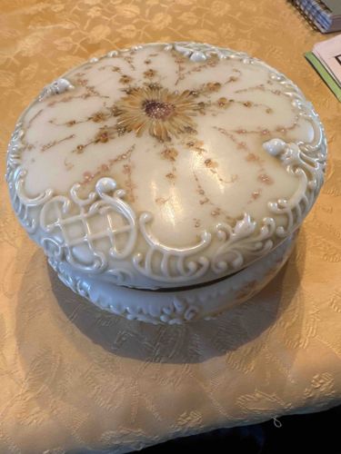 Decorated Milk Glass or Opalware Covered Box