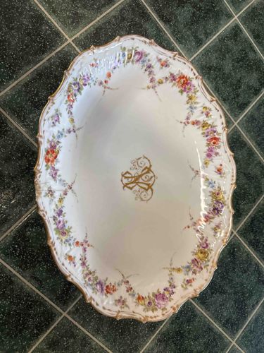 Antique Hand-Painted Porcelain Serving Dish with Monogram