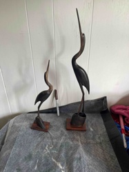 Pair of Carved Wooden Heron/Crane Bird Sculptures