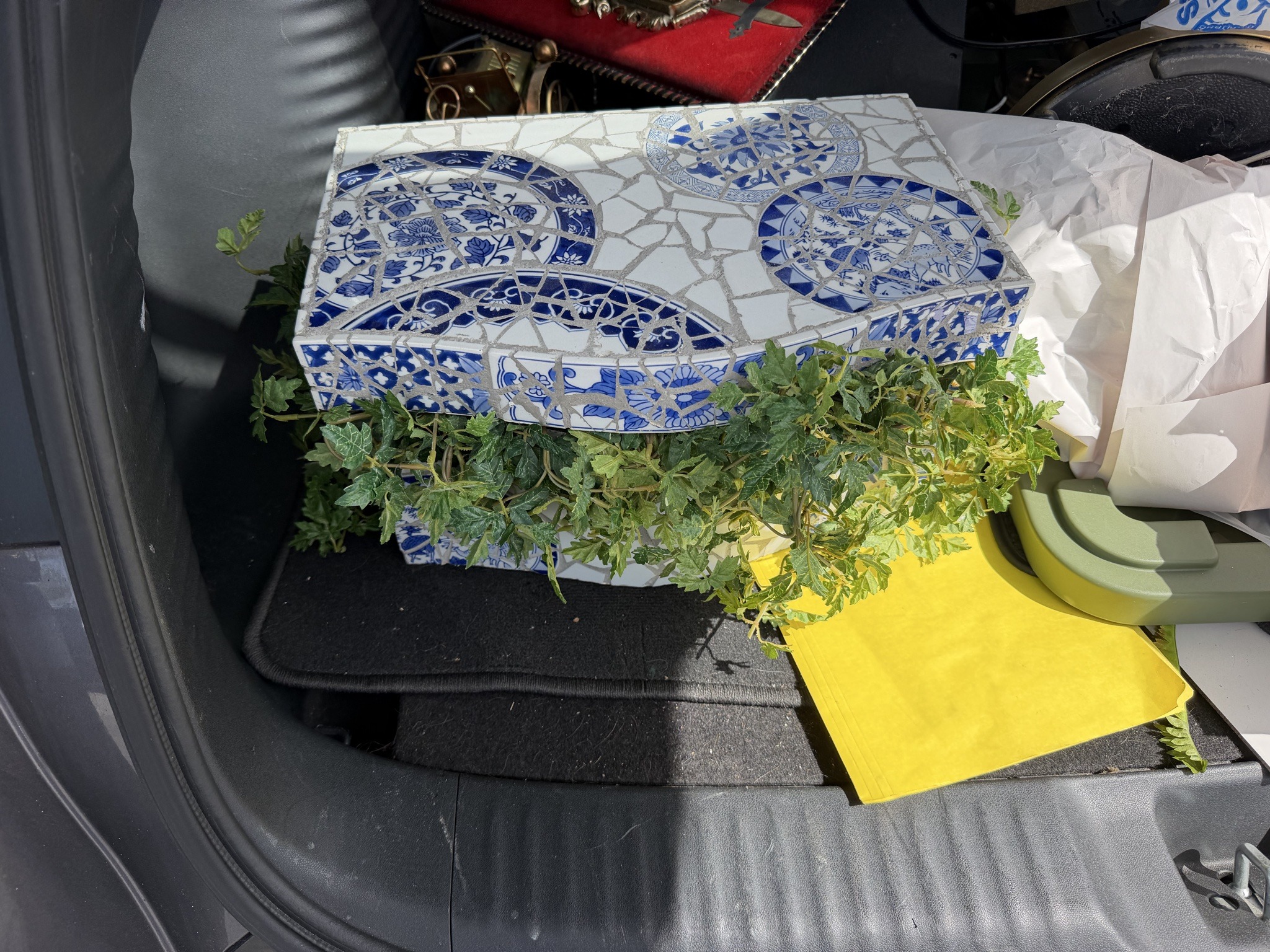 Submitted photo of Decorative mosaic box with blue and white porcelain shards
