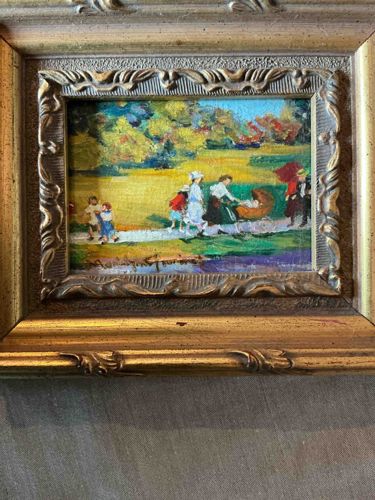 Framed Miniature Impressionist Landscape Painting with Figures