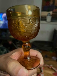 Amber Pressed Glass Goblet with Floral and Stippled Pattern