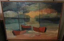 Abstracted Seascape with Three Red Boats, dated 1967