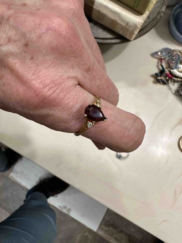 Gold and Ruby Pear-Cut Ring with Diamond Accents