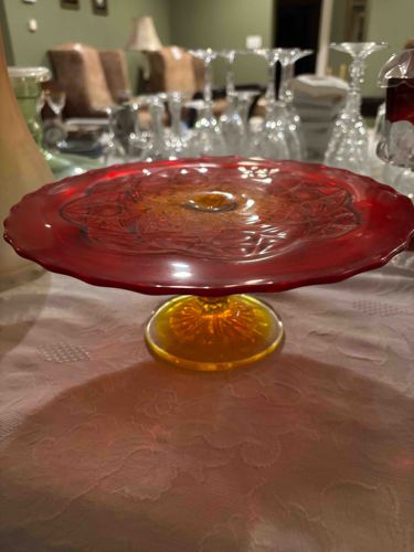 Red and Amber Art Glass Cake Stand