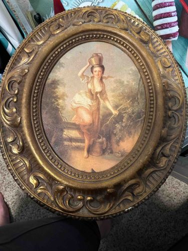 Framed Oval Decorative Plaque with Peasant Girl Motif