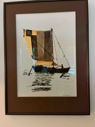 Framed Watercolor/Ink Wash Painting of a Traditional Sailing Boat