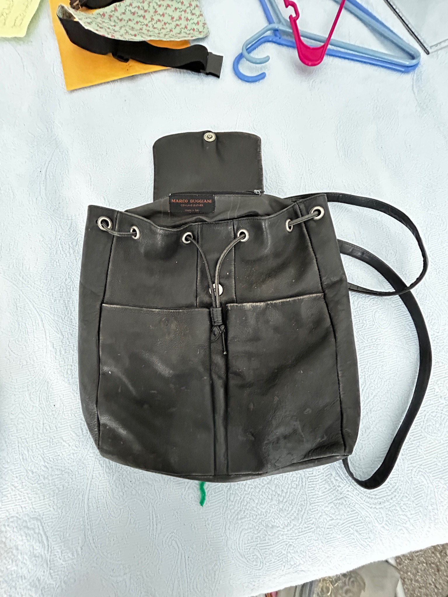Submitted photo of Leather Backpack, bearing a label reading 'Marco Buggiani'