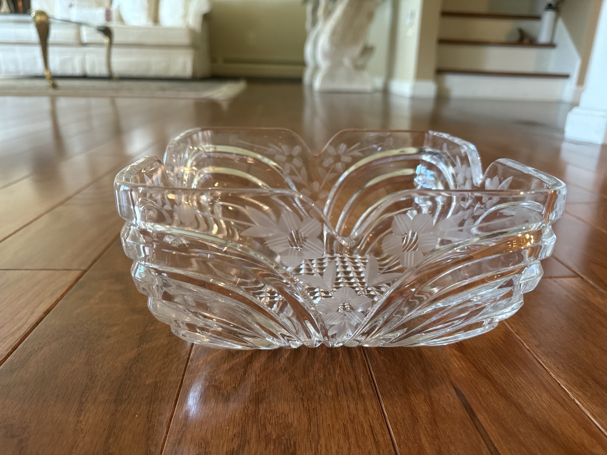 Submitted photo of Pressed and etched glass square serving bowl