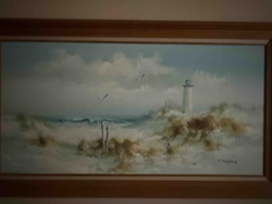Coastal Lighthouse Oil Painting by E. Morais (or similar signature)
