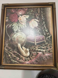 Framed Still Life Painting/Print with Flowers, Silver Urn, Box, and Bird