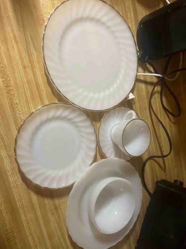 Anchor Hocking Fire-King White Milk Glass Swirl Pattern Dinnerware with Gold Trim