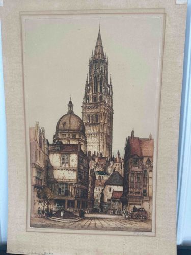 Munich Cityscape Etching, Hand-Tinted