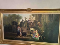 Rococo-style Canal Scene Painting with Figures
