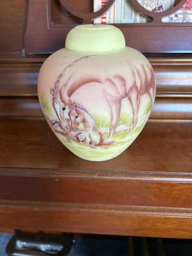 Satin Glass Ginger Jar with Horse and Foal Decoration