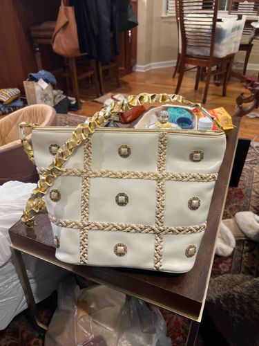 Vintage White and Gold Braided Trim Shoulder Bag