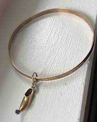 Engraved Gold Bangle with 18k Gold Greek Tsarouchi Charm with Sapphire