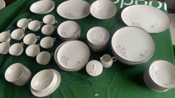 White Porcelain Dinnerware Set with Gray Floral Pattern and Platinum Trim