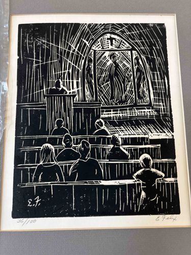 E. Felix Woodcut Print of a Lecture Hall or Church Scene