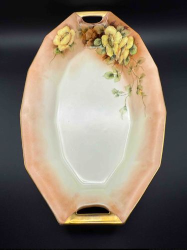 Hand-Painted Porcelain/Ceramic Serving Tray with Yellow Roses and Gilt Accents