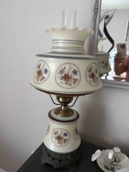 Vintage Milk Glass Hurricane Table Lamp with Floral Decals