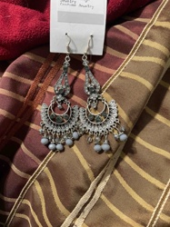Bohemian Style Silver-Toned Dangle Earrings with Blue/Green Stones and Grey Beads