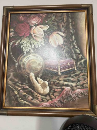 Framed Still Life Painting/Print with Flowers, Silver Urn, Box, and Bird