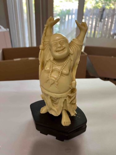 Carved Laughing Buddha (Hotei) Figurine on Wooden Base