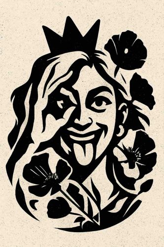 Quirky Crowned Figure with Poppies Woodcut Print
