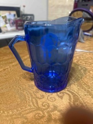 Shirley Temple Blue Glass Pitcher with Hexagonal Pattern