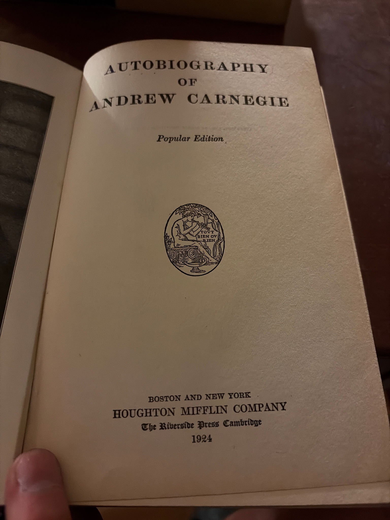 Submitted photo of Autobiography of Andrew Carnegie Popular Edition 1924, published by Houghton Mifflin Company