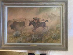 Native American Buffalo Hunt Oil Painting by R. Brownell
