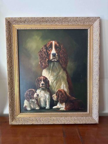 Oil Painting of a Springer Spaniel with Puppies