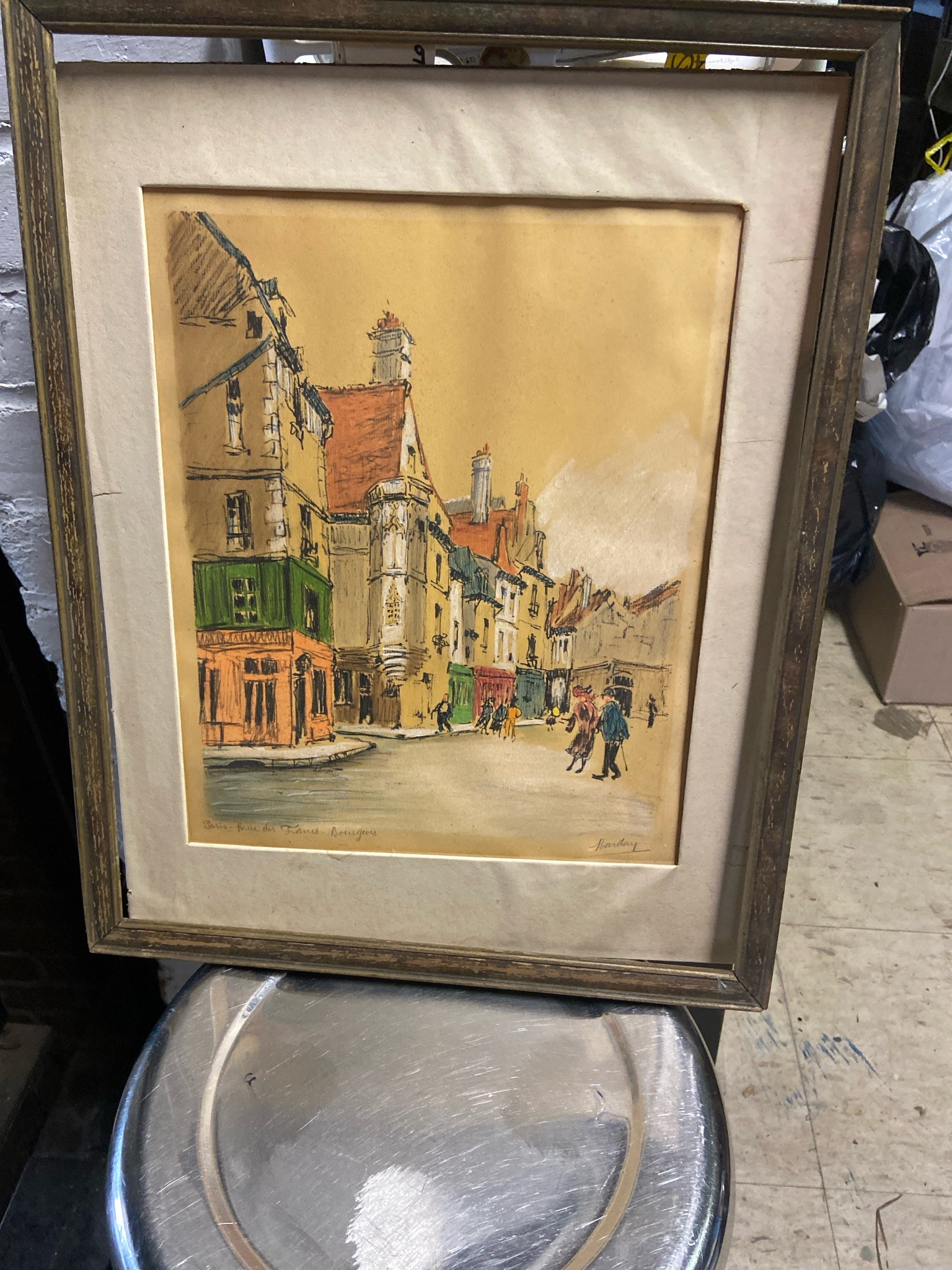 Framed Hand-Colored Paris Street Scene Lithograph by Barday
