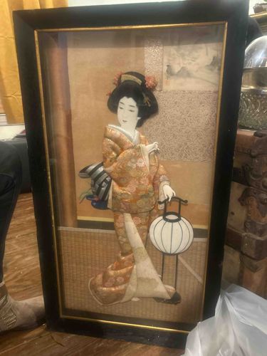 Framed Japanese Embossed/Textile Geisha Art