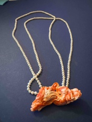 Double-Loop Pearl Necklace with Carved Dragon Pendant