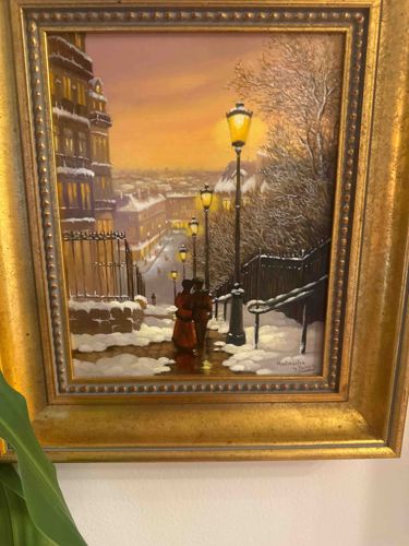 Framed Winter Cityscape Painting with Couple