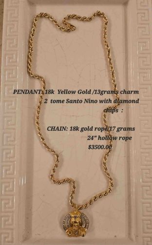 18k Yellow Gold Hollow Rope Chain with Santo Niño Pendant